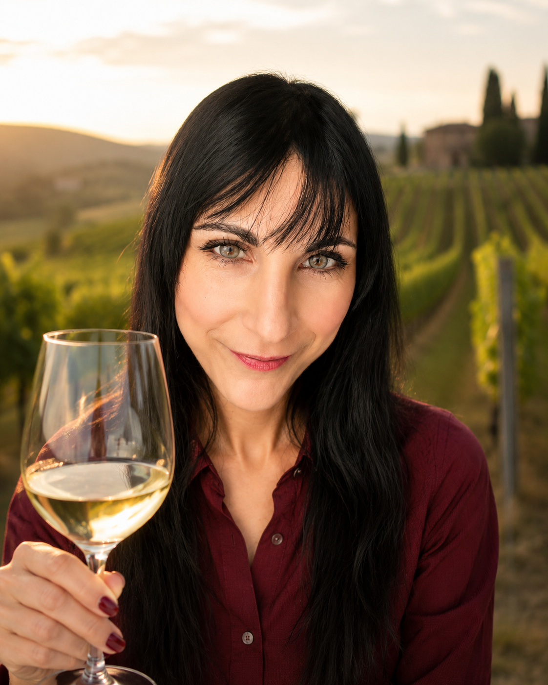 Ritratto della fondatrice tra i vigneti, calice di bianco in mano